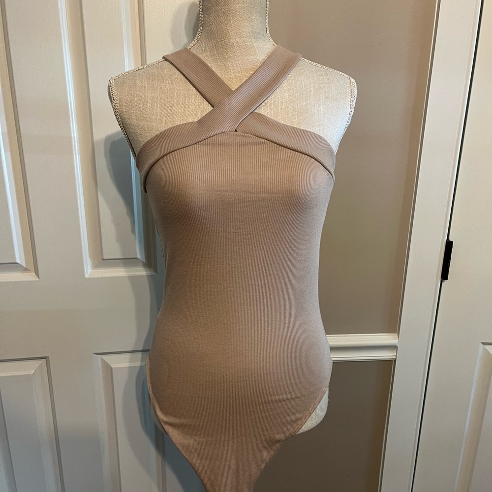 nude Ribbed cross neck body suit